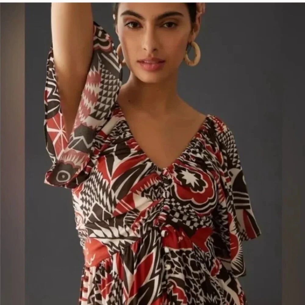 Anthropologie Tiered Maxi Brown and Red Patterned Maxi Dress Size Small NWT - Picture 3 of 8